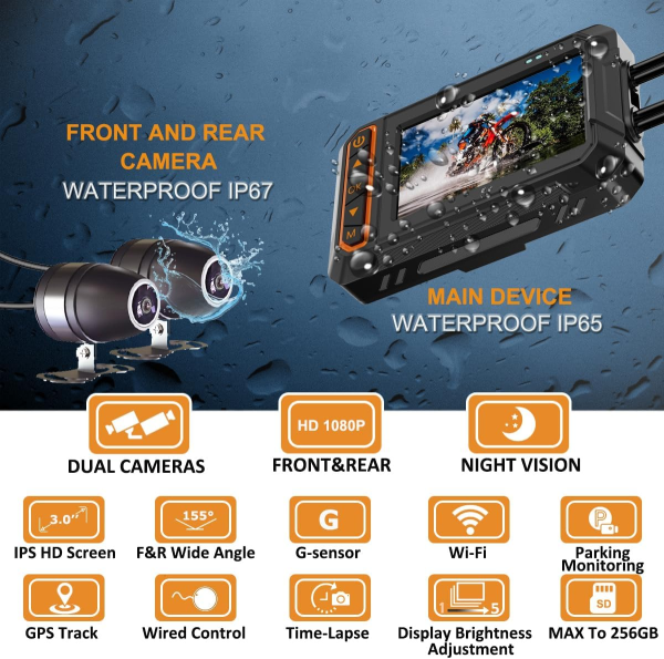 Motorcycle front and rear camera recorder, 3-inch - Image 5